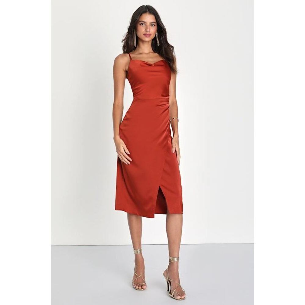 Lulus Hollywood Woman Bronze Satin Midi Dress Brown - Size M